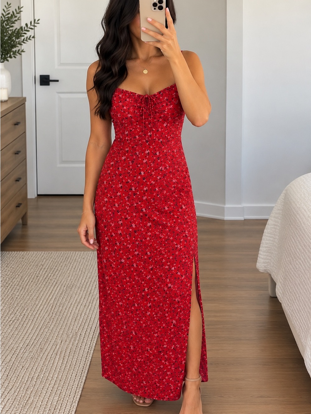 Boohoo Red Floral Maxi Dress with Side Slit